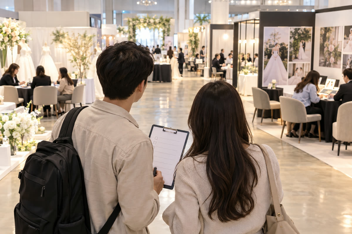 벡스코 결혼박람회 현장에서 상담 순서와 이동 동선을 정하는 모습