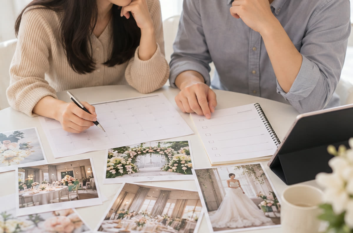 부산 롯데백화점 스드메 상담 전 예식 시기와 스타일 자료를 준비하는 장면