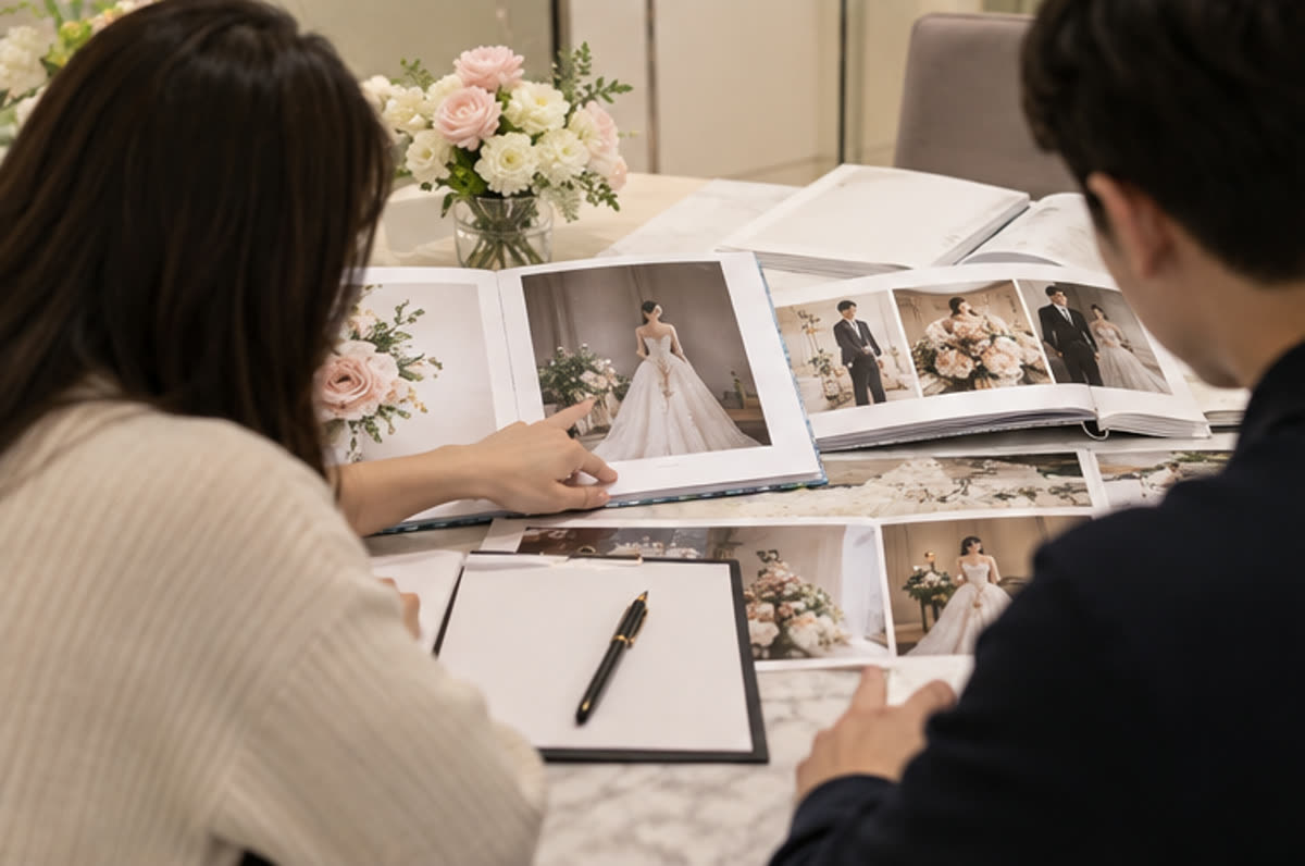 스타필드 안성 스드메 상담에서 드레스와 촬영 스타일 자료를 비교하는 장면