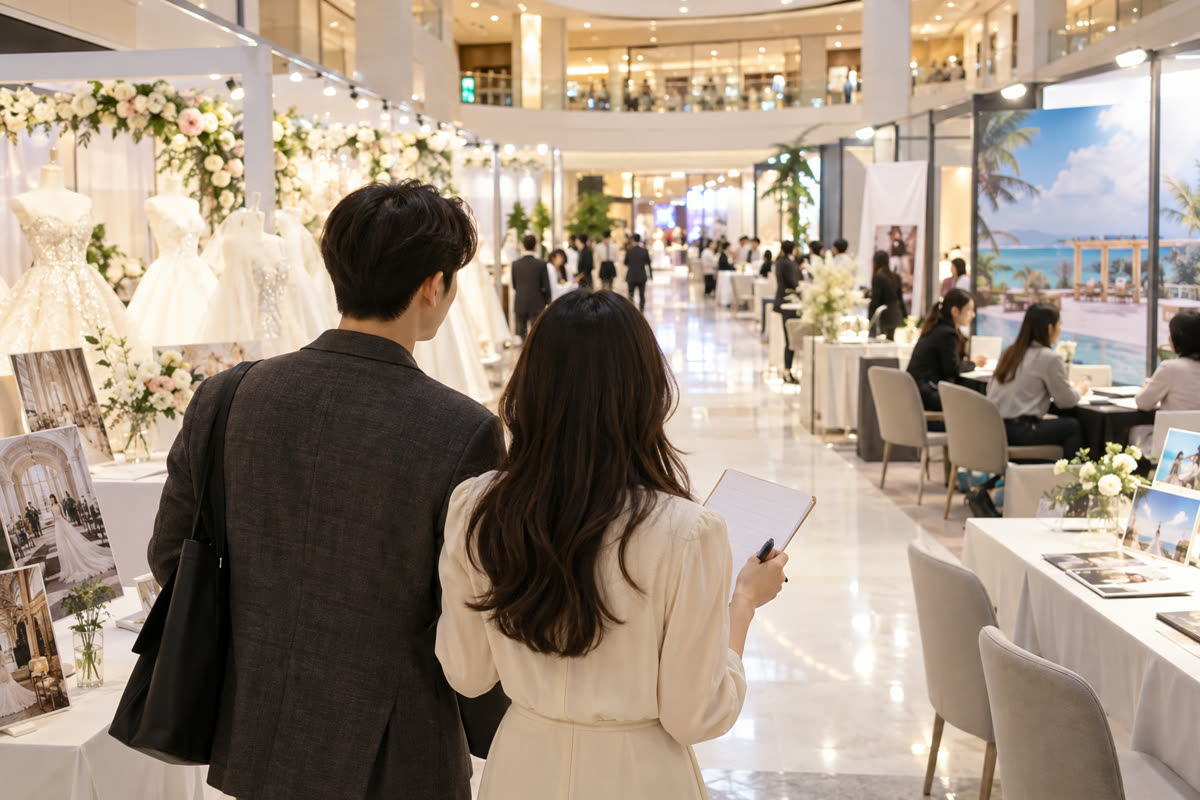 영등포 타임스퀘어 결혼박람회 현장에서 상담 순서와 동선을 확인하는 예비부부