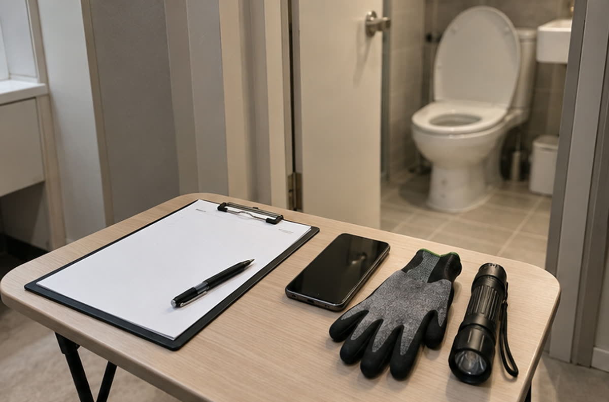 울산 출장 배관 상담 전 증상 사진과 점검 정보를 준비하고 변기막힘 업체 고르기 기준을 확인하는 장면