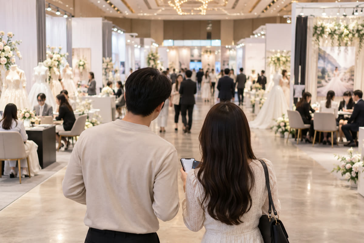제주 웨딩박람회 현장에서 예식장과 제주 스드메 상담 동선을 정하는 예비부부