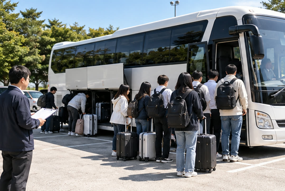 졸업여행 일정에 따라 단체버스 탑승과 인원 확인을 진행하는 현장