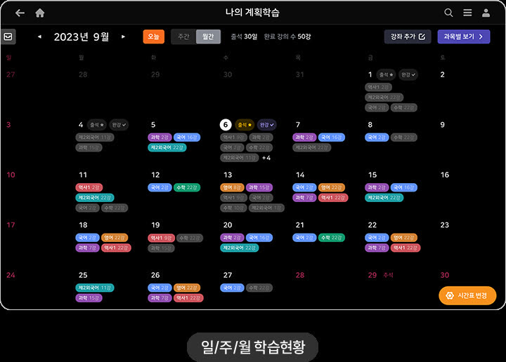 중학생 스마트학습 학습 앱의 일·주·월 학습현황 화면
