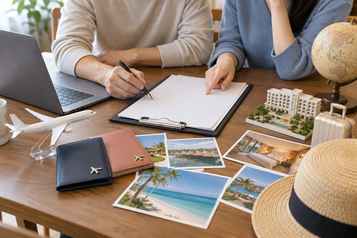 허니문 상담 준비 후 계약 전 변경 취소 추가비용 조건을 확인하는 장면