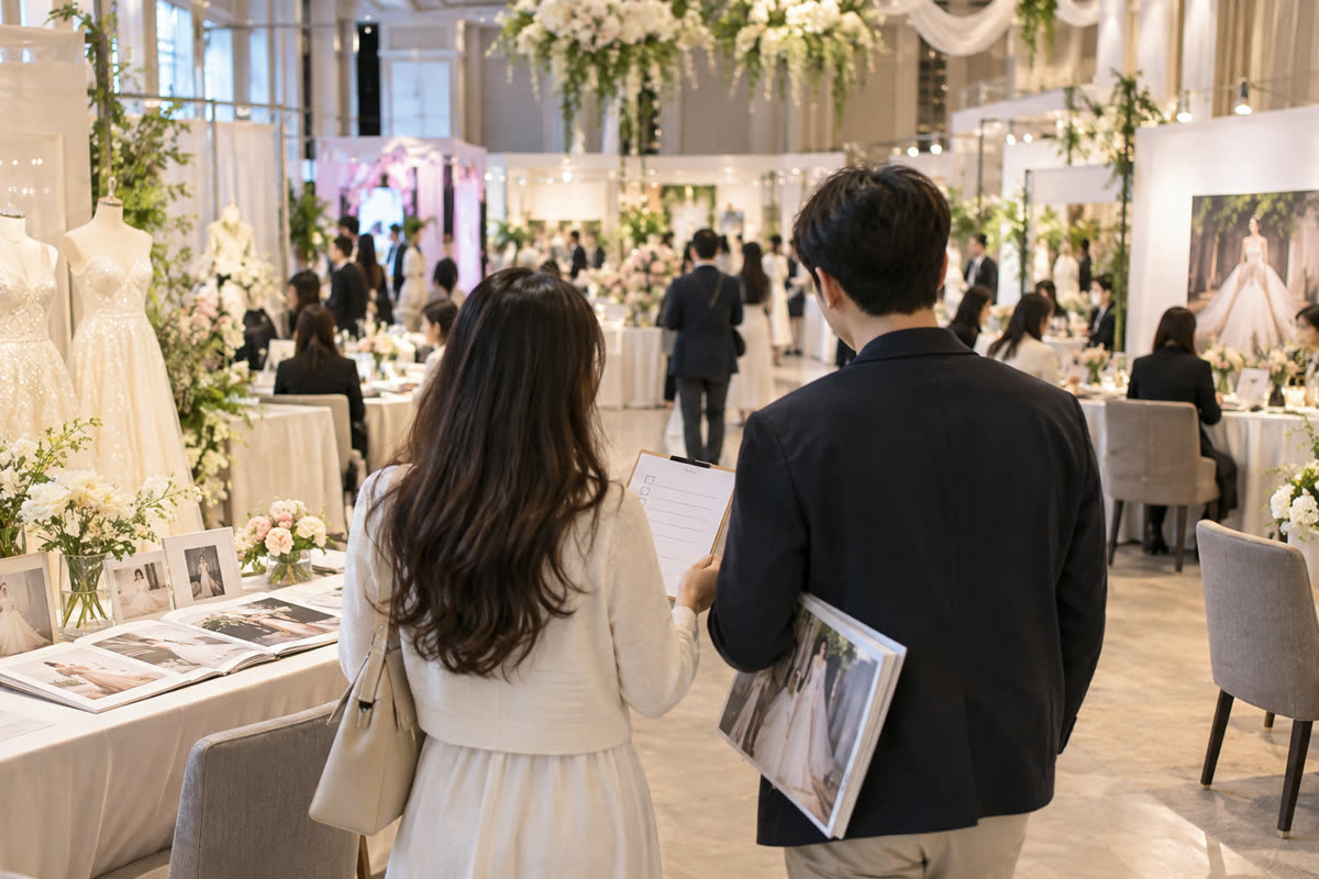 청주 오스코 웨딩박람회 현장에서 상담 순서와 동선을 확인하는 예비부부