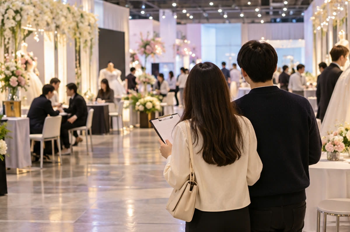 평촌 롯데백화점 결혼박람회 현장에서 상담 순서를 정하고 비교 내용을 기록하는 장면